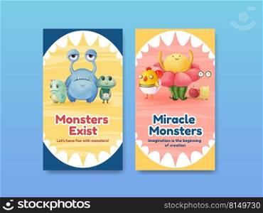 Instagram template with monster concept design watercolor illustration 