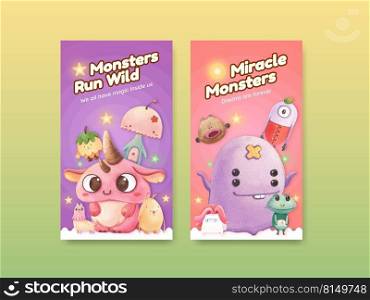 Instagram template with monster concept design watercolor illustration 