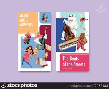 Instagram template with music festival concept design for social media and community watercolor vector illustration