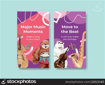 Instagram template with music festival concept design for social media and community watercolor vector illustration