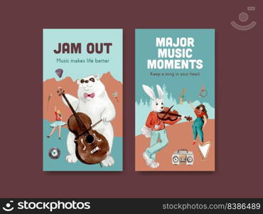 Instagram template with music festival concept design for social media and community watercolor vector illustration 