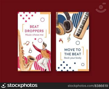 Instagram template with music festival concept design for social media and community watercolor vector illustration
