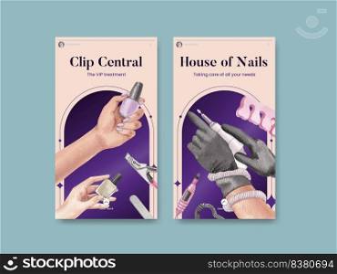 Instagram template with nail salon concept,watercolor style  . Instagram template with nail salon concept,watercolor style    