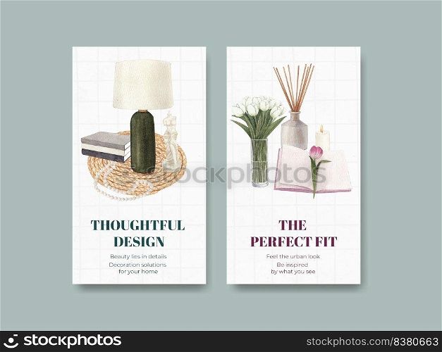 Instagram template with nordic antique home concept,watercolor style  