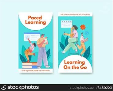 Instagram template with online learning concept design for social media and community watercolor illustration 
