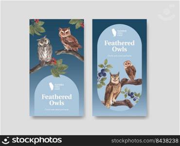 Instagram template with owl bird concept,watercolor style
