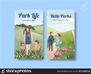 Instagram template with park and family concept design for social media watercolor illustration 