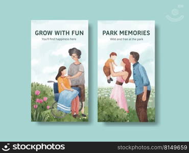 Instagram template with park and family concept design for social media watercolor illustration 