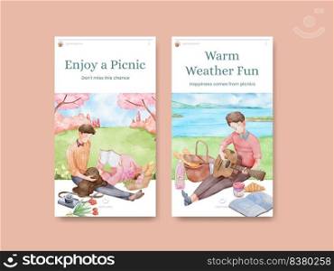 Instagram template with picnic day concept,watercolor style 