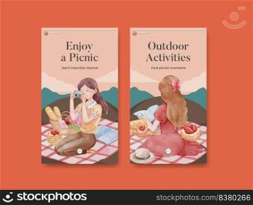 Instagram template with picnic day concept,watercolor style
