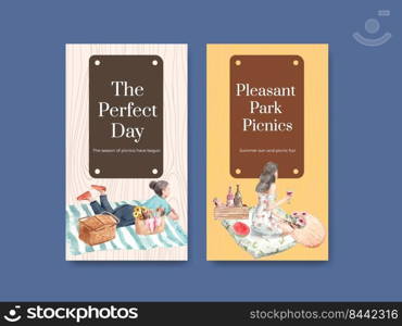 Instagram template with picnic travel concept design for social media watercolor illustration 