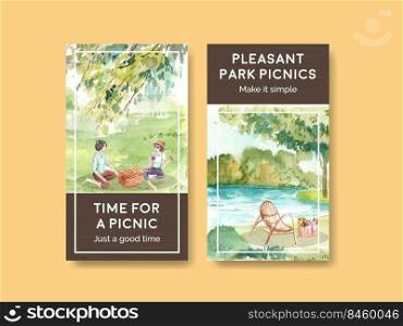 Instagram template with picnic travel concept design for social media watercolor illustration 