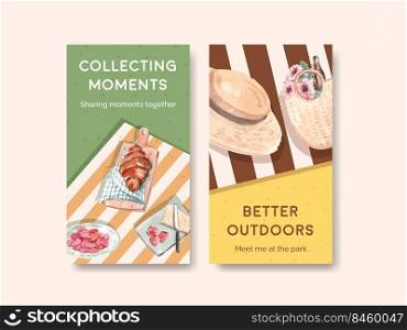 Instagram template with picnic travel concept design for social media watercolor illustration
