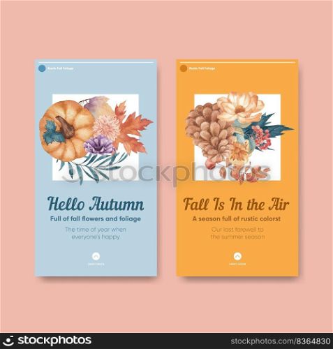 Instagram template with rustic fall foliage concept,watercolor style 
