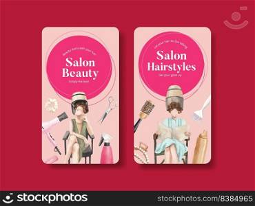 Instagram template with salon hair beauty concept,watercolor style 