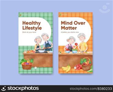 Instagram template with senior health fitness concept,watercolor style  