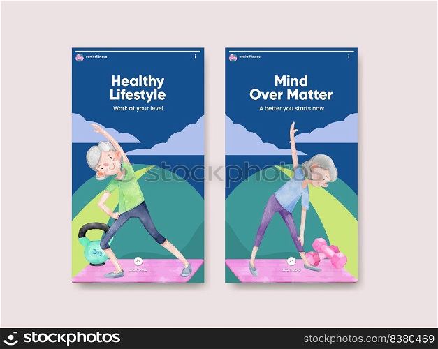 Instagram template with senior health fitness concept,watercolor style

