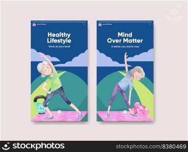 Instagram template with senior health fitness concept,watercolor style

