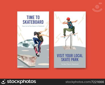 Instagram template with skateboard design concept for social media and marketing watercolor vector illustration.