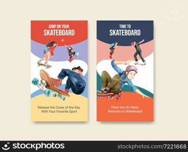 Instagram template with skateboard design concept for social media and marketing watercolor vector illustration.