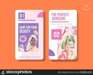 Instagram template with skin care beauty concept,watercolor style 
