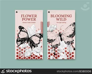Instagram template with spring wild flower concept,line art style 