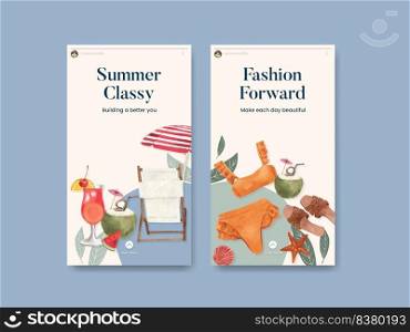 Instagram template with summer outfit fashion concept,watercolor style
