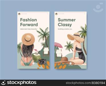 Instagram template with summer outfit fashion concept,watercolor style
