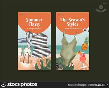 Instagram template with summer outfit fashion concept,watercolor style 