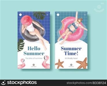 Instagram template with summer vibes concept,watercolor style 