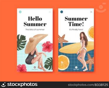Instagram template with summer vibes concept,watercolor style 