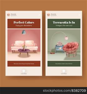 Instagram template with terracotta decor concept design for social media and online marketing watercolor vector illustration

