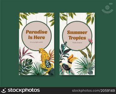 Instagram template with tropical contemporary concept design for social media and online community watercolor vector illustration