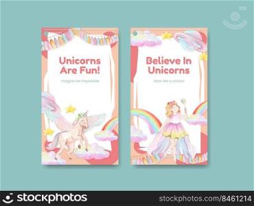 Instagram template with unicorn concept,watercolor style 