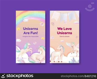Instagram template with unicorn concept,watercolor style 