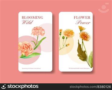 Instagram template with wild flowers concept,watercolor style 