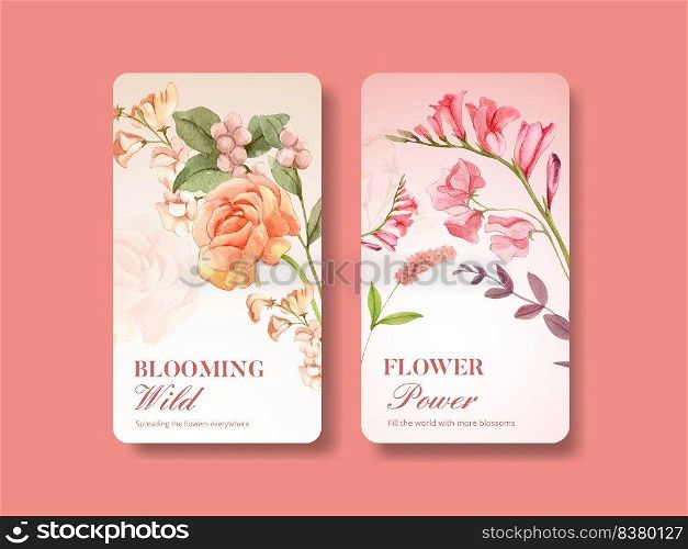 Instagram template with wild flowers concept,watercolor style 