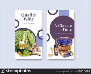 Instagram template with wine farm concept design for social media watercolor vector illustration.