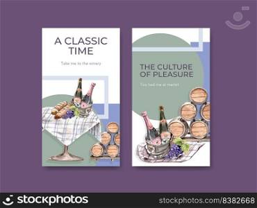 Instagram template with wine farm concept design for social media watercolor vector illustration. 