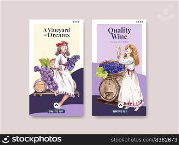 Instagram template with wine farm concept design for social media watercolor vector illustration. 