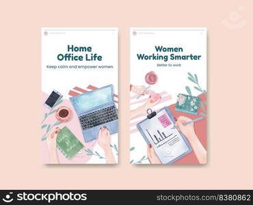 Instagram template with woman work from home concept,watercolor style 