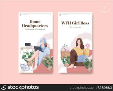 Instagram template with woman work from home concept,watercolor style 