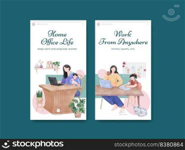 Instagram template with woman work from home concept,watercolor style
