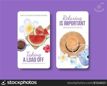 Instagram template with working woman traveler concept,watercolor style  