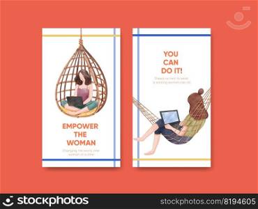 Instagram template with working woman traveler concept,watercolor style  