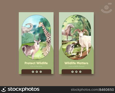 Instagram template with world animal day concept,watercolor style 