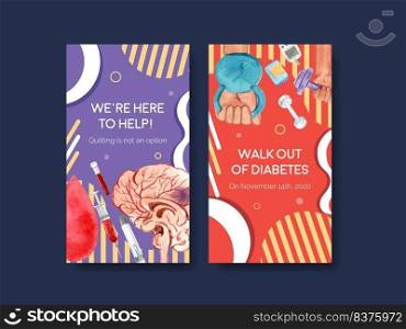Instagram template with world diabetes day concept design for social media and online marketing watercolor vector illustration.
