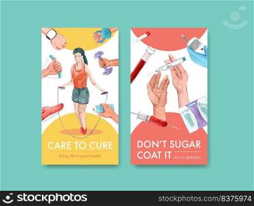 Instagram template with world diabetes day concept design for social media and online marketing watercolor vector illustration. 