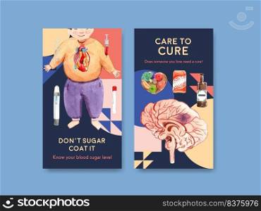 Instagram template with world diabetes day concept design for social media and online marketing watercolor vector illustration. 