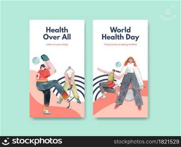 Instagram template with world health day concept design for social media watercolor illustration